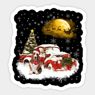 Red Truck Xmas Tree Basset Hound Christmas Sticker